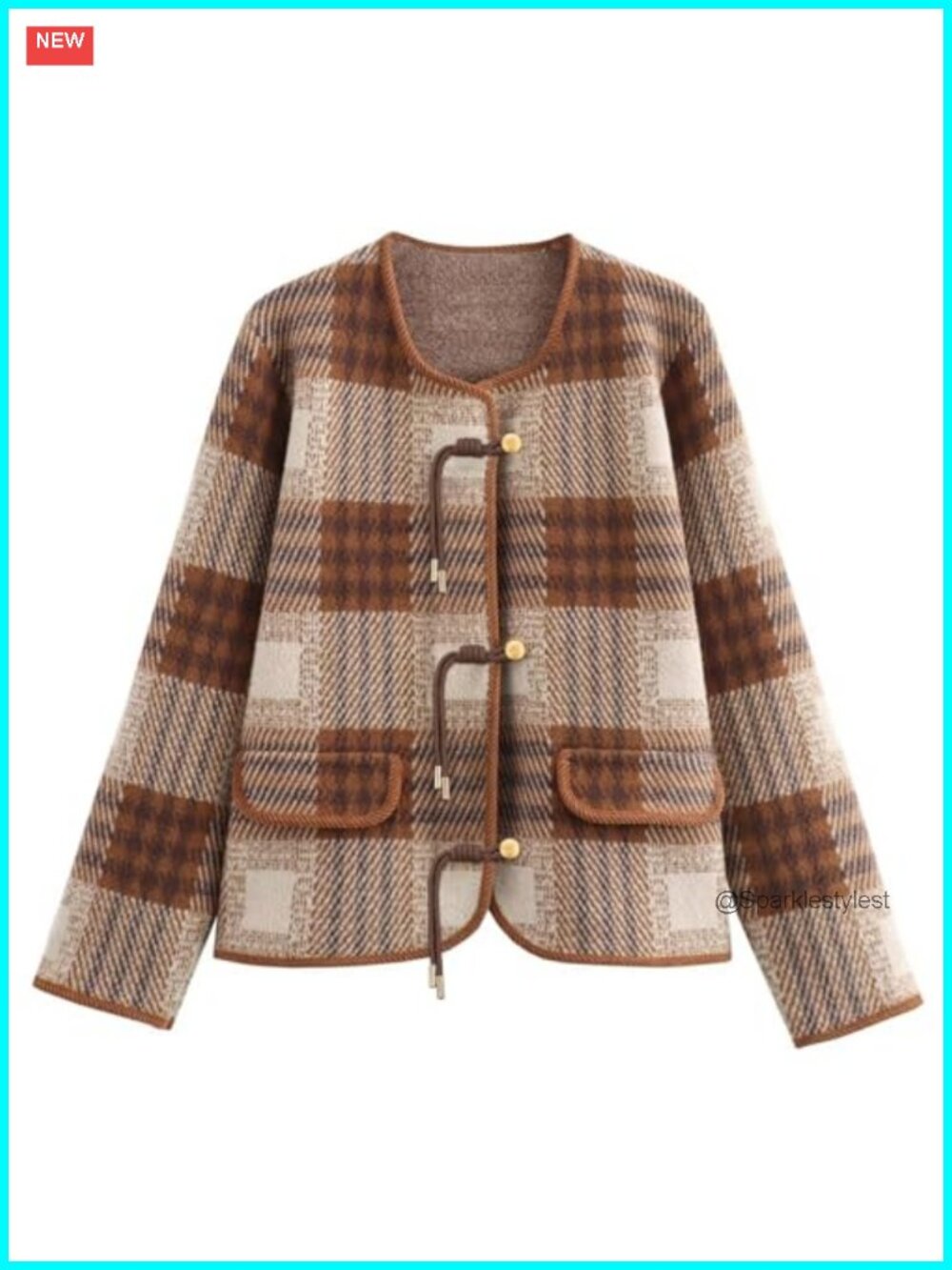 Vintage Button Down Plaid Knit Cardigan Sweater with Pockets